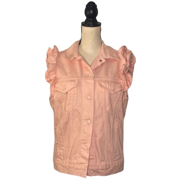J Brand X Simone Rocha Pink Ruffle Sleeve Button Down Denim Vest Size S/M RARE‎ - Picture 3 of 13